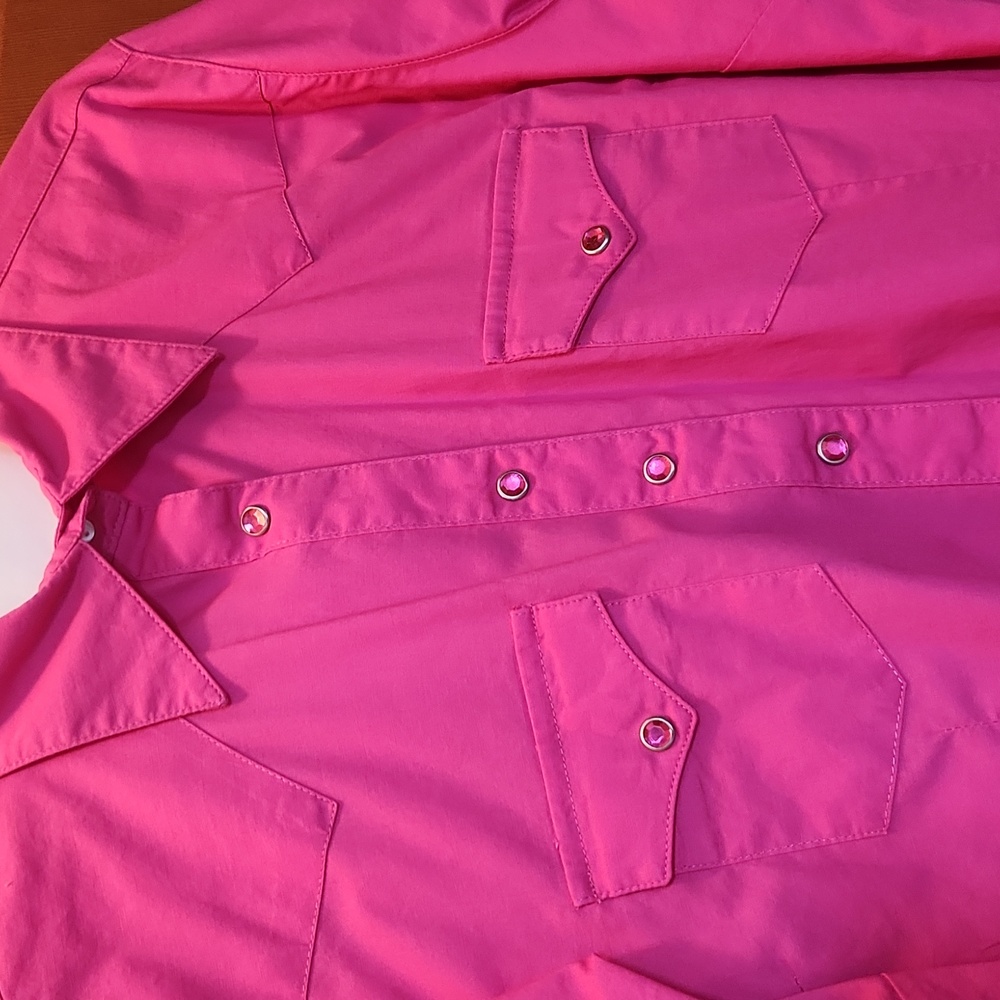 Bright Pink Wrangler Cowgirl Button-Up Shirt With Bling Rhinestones - Picture 2 of 5